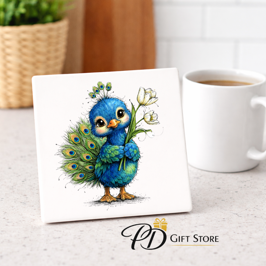 Ceramic square coaster with cute peacock