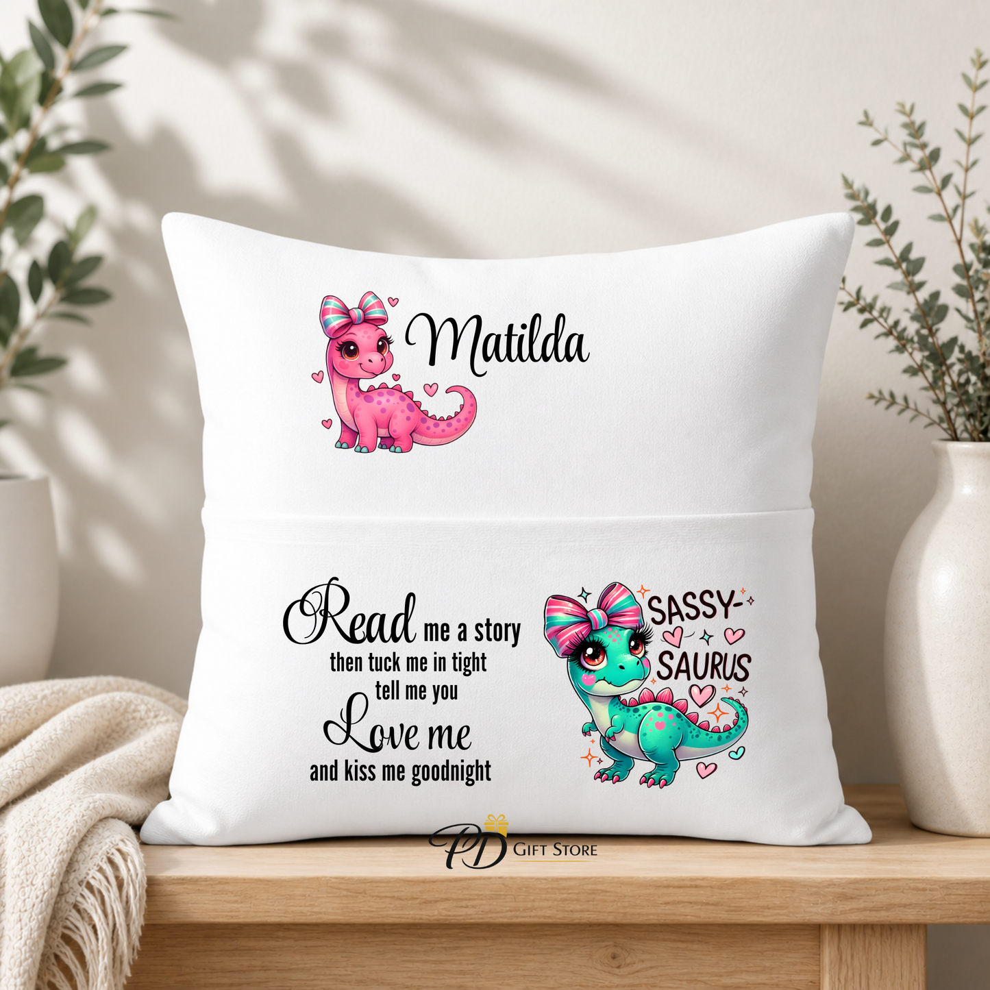 Dinosaurs book pocket pillow cushion personalised