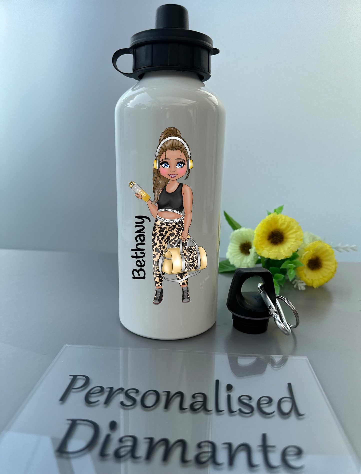Personalised leopard print gym drink bottle , dolly can be customised