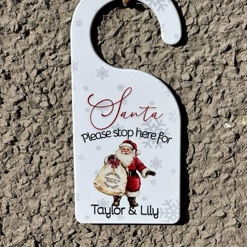Personalised Santa Please Stop Here Door Hanger Sign