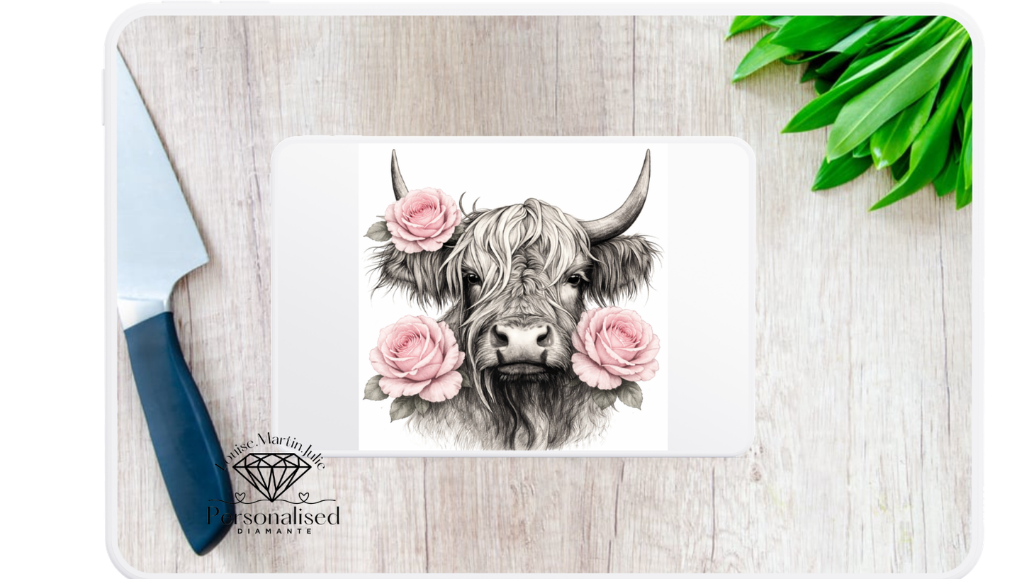 Highland cow pink roses glass chopping board A4 or A3 size