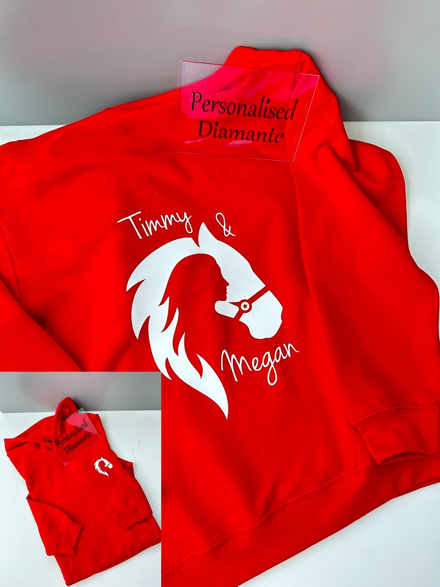 personalised Horse Riding Hoodie, front or back, horse lover gift