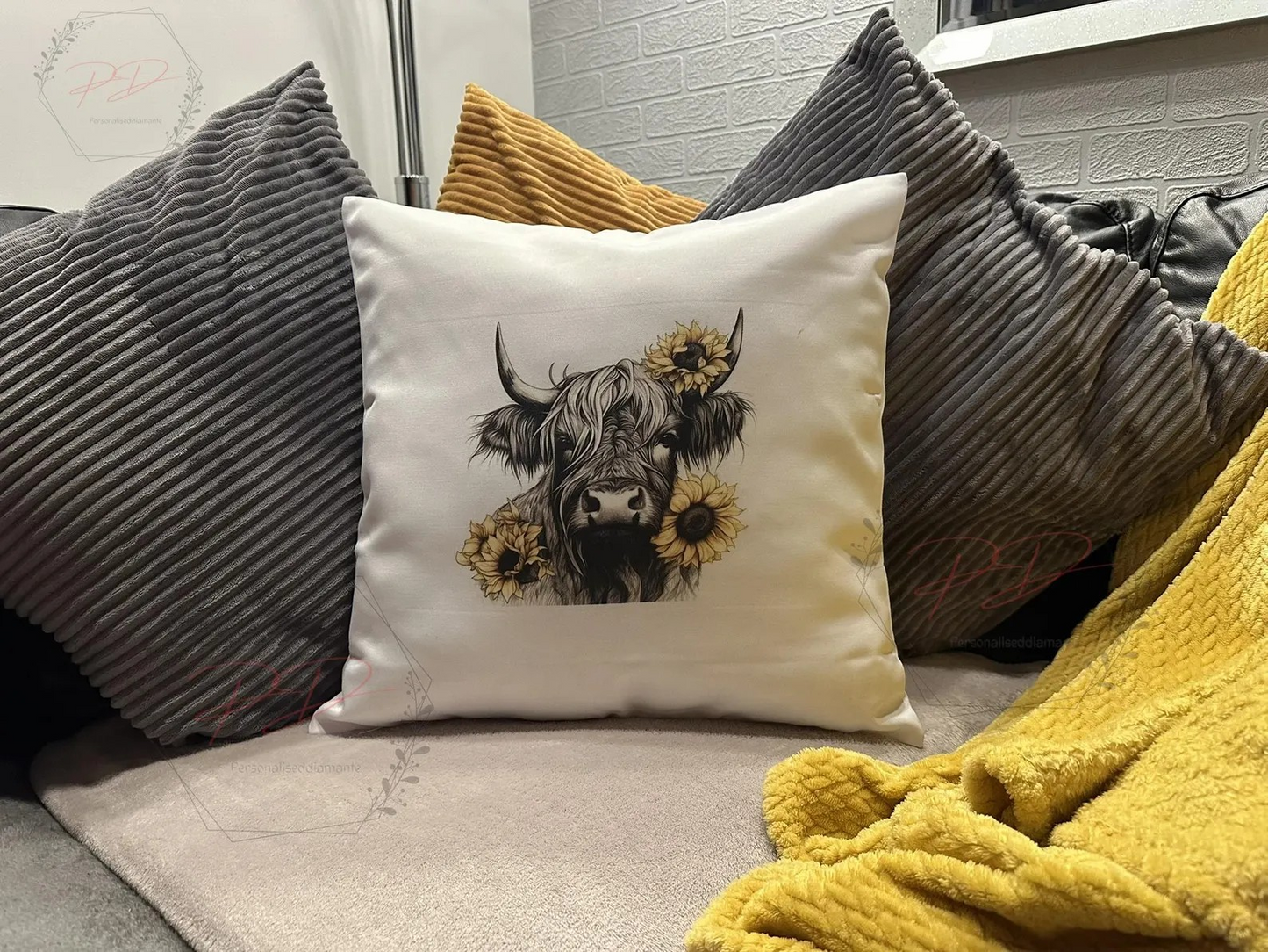 Sun flower Highland cow cushion cover