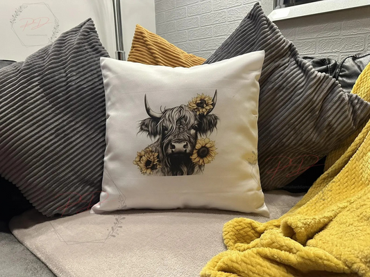 Sun flower Highland cow cushion cover