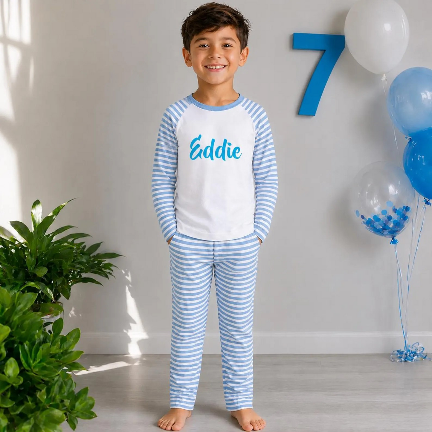 Personalised Blue Striped Cotton Pyjamas: Baby, Toddler, Kids