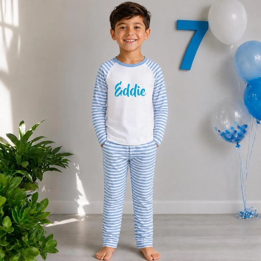 Personalised Blue Striped Cotton Pyjamas: Baby, Toddler, Kids